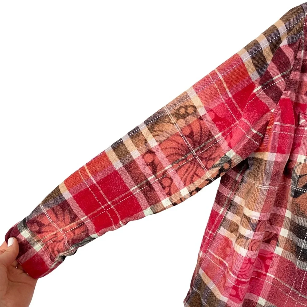 Reworked Stencil Bleached Plaid Flannel Button Down Shirt Womens Size Medium - Picture 10 of 16